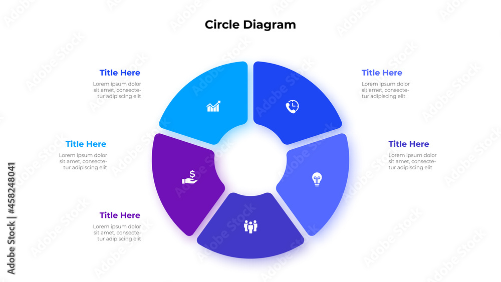 Fototapete Circle diagram divided into 5 segments. Concept of five options of business project management. Vector illustration for data analysis visualization