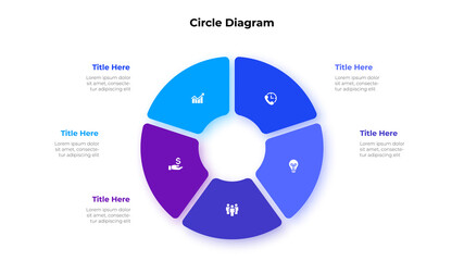 Circle diagram divided into 5 segments. Concept of five options of business project management. Vector illustration for data analysis visualization - obrazy, fototapety, plakaty