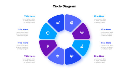 Circle diagram divided into 8 segments. Concept of eight options of business project management. Vector illustration for data analysis visualization