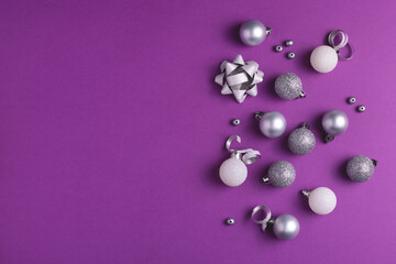 Christmas and New year background with copy space. Silver and white decorations, top view.