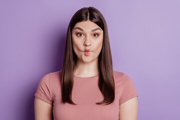 Closeup photo of pretty funny crazy fgirl fooling grimace lipa isolated over violet color background