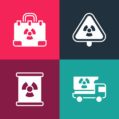 Set pop art Truck with radiation materials, Radioactive waste in barrel, Triangle and Radiation nuclear suitcase icon. Vector