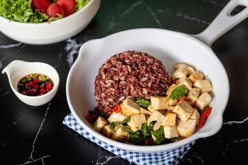Stir fried tofu with basil and chili, Chinese vegetarian food 