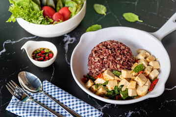 Stir fried tofu with basil and chili, Chinese vegetarian food 