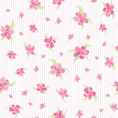 Fototapeta na wymiar Sakura blossom seamless vector pattern background. Scattered pink cherry petals leaves in pink striped white backdrop. Feminine repeat floral botanical design with spring buds. Elegant all over print