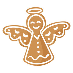 Christmas festive angel gingerbread cookie covered by white icing.