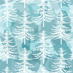 Obraz premium Christmas tree seamless vector pattern. Watercolor Noel firs print, winter frozen pine trees on blue background, wallpaper, wrapping paper design