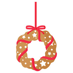 Christmas festive Christmas wreath gingerbread cookie covered by white icing with red ribbon.