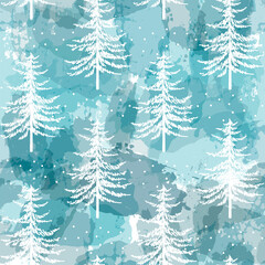 Christmas tree seamless vector pattern. Watercolor Noel firs print, winter frozen pine trees on blue background, wallpaper, wrapping paper design