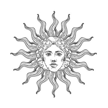 Vector image of the sun in the style of engraving.