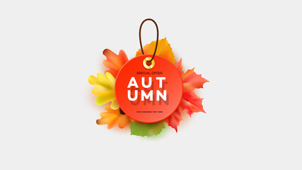 Autumn sale tags. Realistic vector banner.