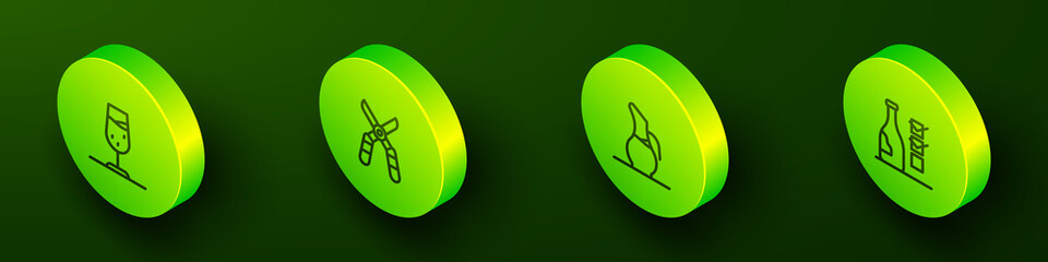 Set Isometric line Wine glass, Gardening scissors, Decanter for wine and Bottle of icon. Vector