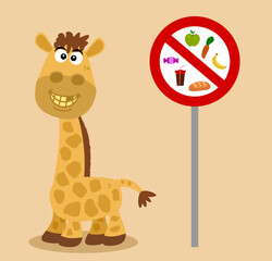 Ban on feeding giraffes with warning sign on colored background 