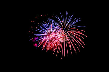 double blue and red Festive fireworks on a black background. Bright and colorful illustration for design. Preparation for further work. Screen overlay