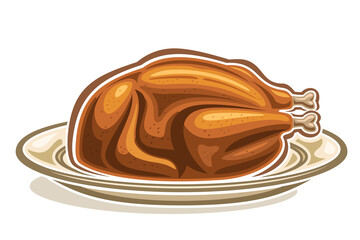 Vector illustration of Roast Turkey, cartoon design cooked thanksgiving turkey on plate on white background.