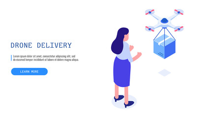 Drone delivery service. Drone delivered a box to a female customer. Isometric vector web banner.