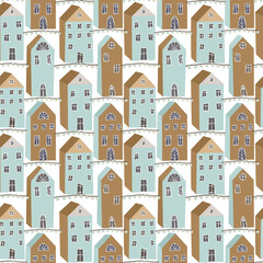 Seamless pattern of hand drawn cute scandinavian houses with garlands on white background