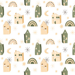 Seamless pattern of hand drawn cute winter houses, snowflakes and rainbow on white background