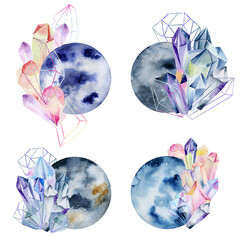 Set of watercolor crystal moon, isolated moon with crystals illustration on white background