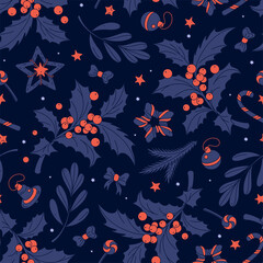 Seamless pattern with red and blue Christmas symbols isolated on black background. Colorful template of background for holidays. 