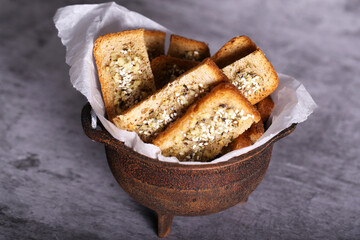 croutons with garlic and herbs are on the table