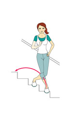Workout on the stairs. The girl is doing exercises on the stairs. Muscles of the legs and buttocks. Isolated on white background.