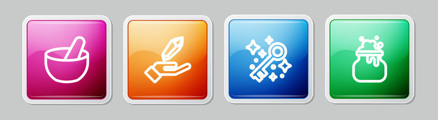 Set line Witch cauldron, Magic stone, Old magic key and . Colorful square button. Vector