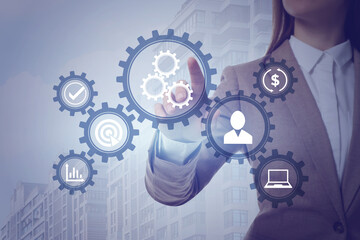Business process. Woman touching virtual screen with different icons, closeup