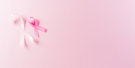 Pink ribbons on pastel background, Symbol of women's breast cancer awareness, Health care and...