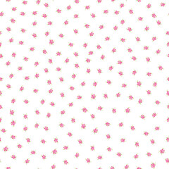 Ditsy Sakura blossom seamless vector pattern background. Scattered cherry petals leaves pink white backdrop. Feminine dense repeat floral botanical design with spring buds. Elegant all over print