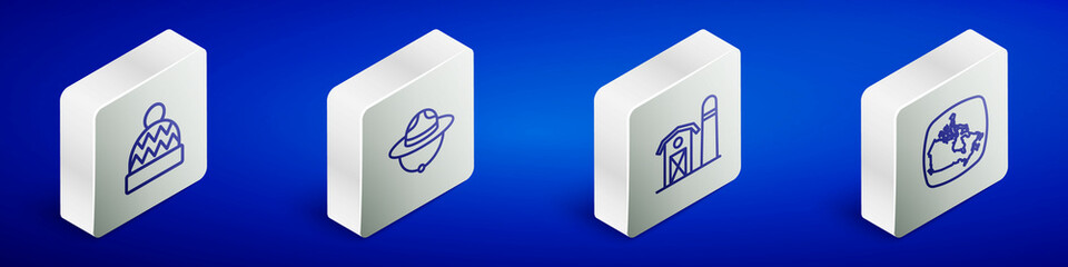 Set Isometric line Beanie hat, Canadian ranger, Farm house and Canada map icon. Vector