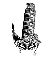 Italian tourism black vector concept design with venetian carnival mask, gondola boat and leaning tower of Pisa © Cattallina