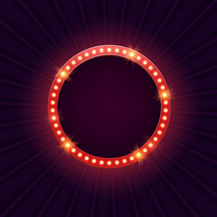 Retro round marquee billboard with electric light lamps, glowing frame, against the background of rays.