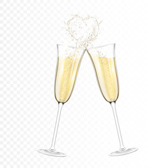Transparent realistic two glasses of champagne with heart, isolated. - obrazy, fototapety, plakaty