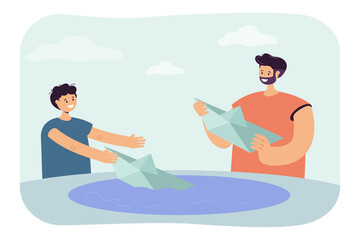 Obraz premium Father and son making paper boats together. Man and boy putting ships from paper on water flat vector illustration. Family, origami, parenting, relationship concept for banner or landing web page