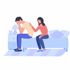 Depression. Support for a sad person. Mental disorder. Cry, longing, anger, loss and sadness. Two people are sitting on the bed. A woman feels sorry for a man. Stock vector flat cartoon illustration.