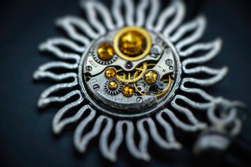 Nice handmade decoration pendant made of metal and watch parts with precious stones of different colors