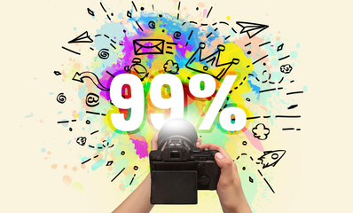 Close-up of a hand holding digital camera with abstract drawing concept