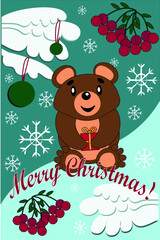 Merry Christmas postcard bear with gift