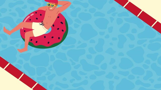 man relaxing in red float in the pool animation