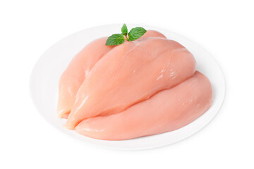 Three pieces of fresh fillet on a white plate on a white isolated background. Raw chicken fillet.