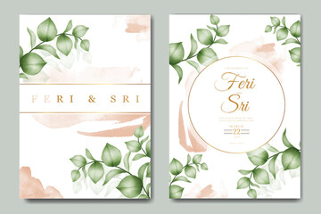 wedding invitation card with floral leaves watercolor template