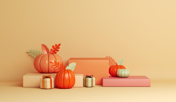 Happy Halloween display podium with pumpkin, gift box on orange background, copy space text, 3D rendering illustration.
