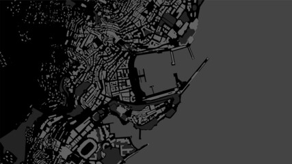 Dark black Monaco City area vector background map, streets and water cartography illustration.