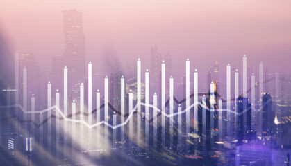 Histogram and lines economic chart on modern architecture background