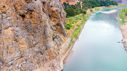 Huge steep cliffs, a canyon on the Euphrates River, Dramatic geological wonder. Beautiful background and unusual landscape, Dron Shoot