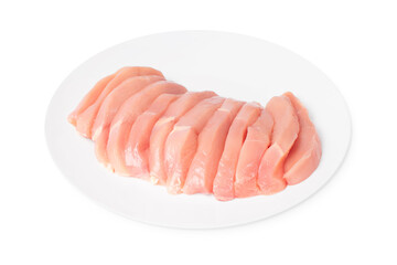 Raw chicken meat.Raw chicken medallions on a white plate on an isolated background with rosemary leaves. Raw chicken steaks.