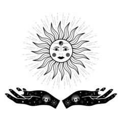 Hand drawn Sun with woman hands, Moon, eye and stars in line art. Spiritual symbol celestial space. Magic talisman, antique style, boho, tattoo, logo. Vector illustration isolated on white background