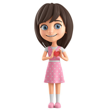 Cartoon character beautiful girl in a pink dress and blue eyes gives a heart on a white background. 3d render illustration.