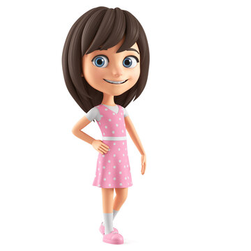 Cartoon character beautiful girl in a pink dress and blue eyes posing on a white background. 3d render illustration.